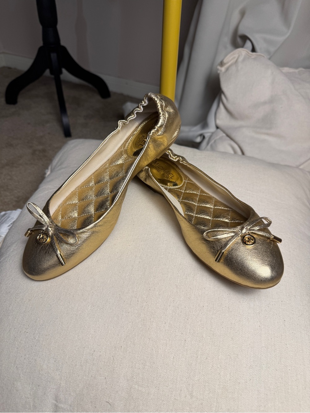 Michael Kors Gold Leather Ballet Flats with Bow